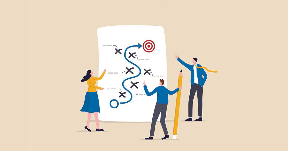 Business team collaborating on a strategic IT roadmap, analyzing goals, risks, budgets, and technology planning to support long-term business growth.