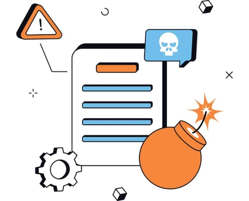 Cybersecurity incident illustration showing sensitive data files under threat from a bomb and skull icon, representing a data breach, ransomware risk, and network security threats.