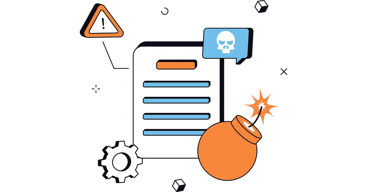 Cybersecurity incident illustration showing sensitive data files under threat from a bomb and skull icon, representing a data breach, ransomware risk, and network security threats.